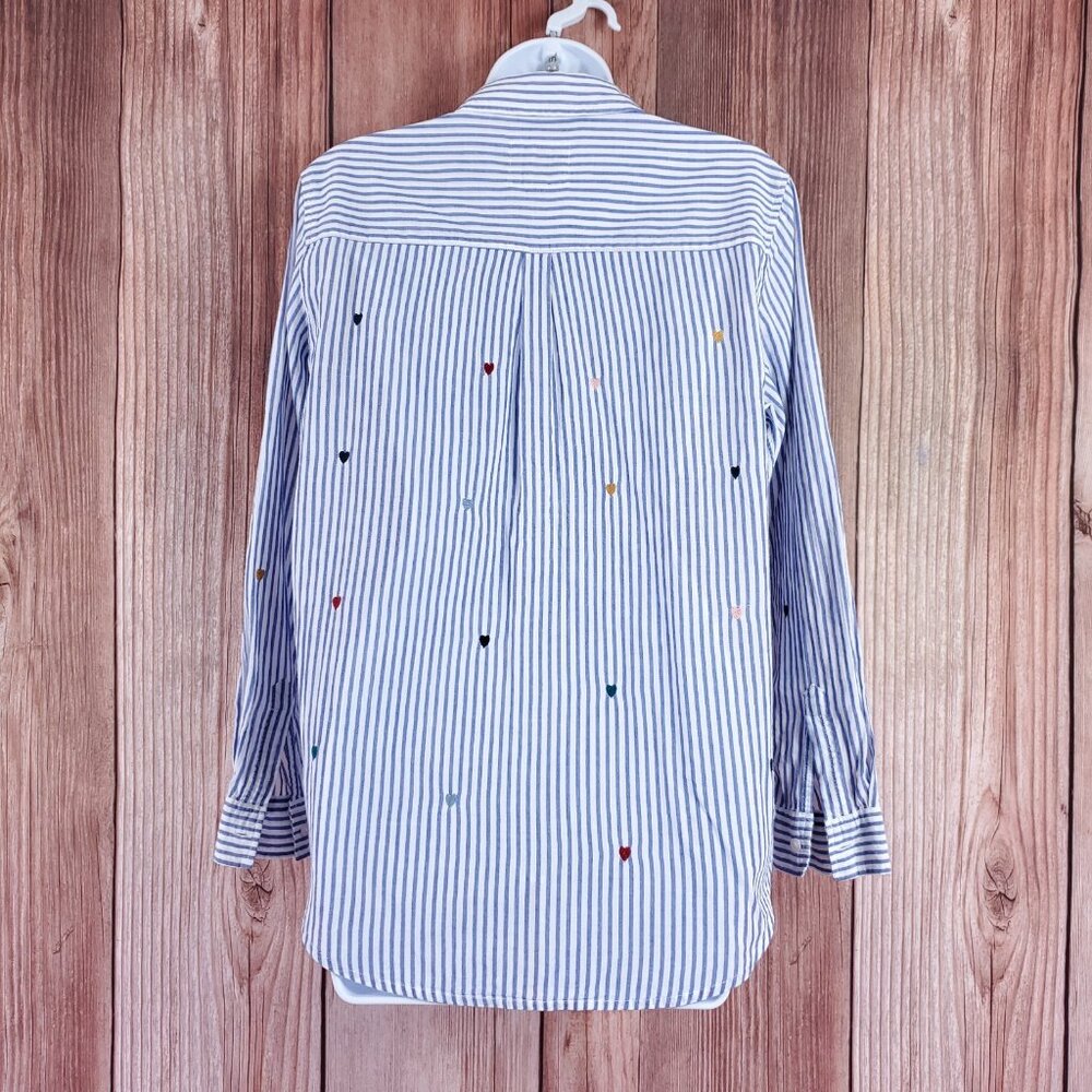 Rails Taylor Blue White Striped Shirt Womens Medium Rainbow Embroidered Hearts - Picture 6 of 15